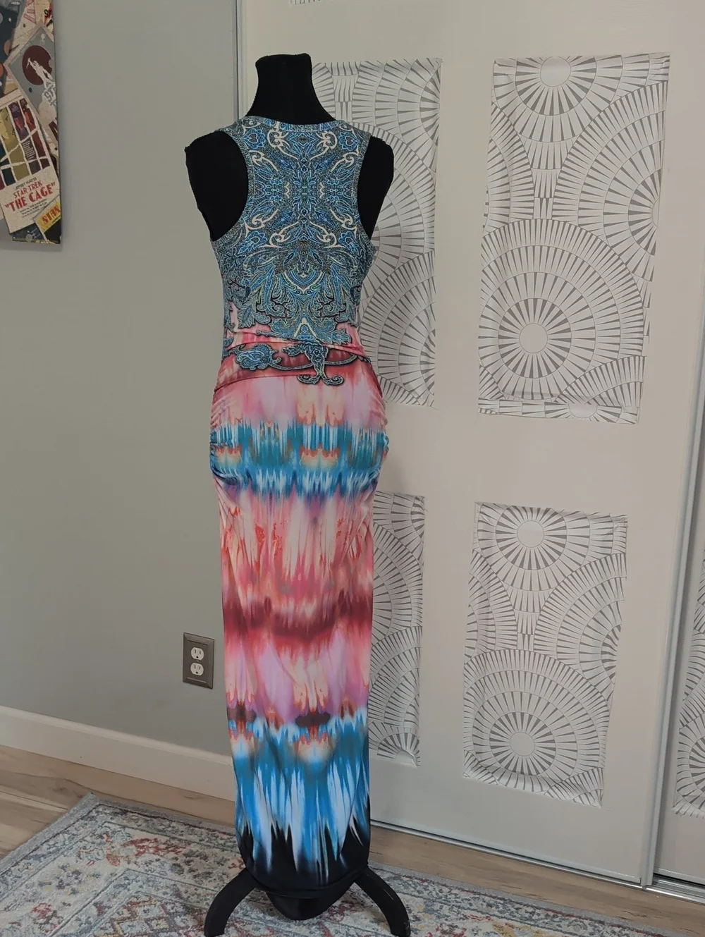 VENUS Blue and Pink Tie-Dye Maxi Dress with Embellished Bodice